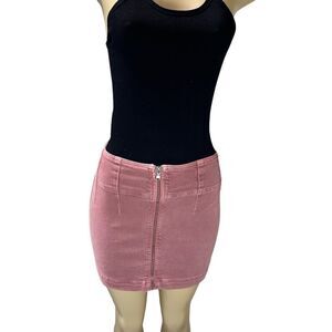Free People Virgo stretch denim front zip Mini Skirt rose pink 29